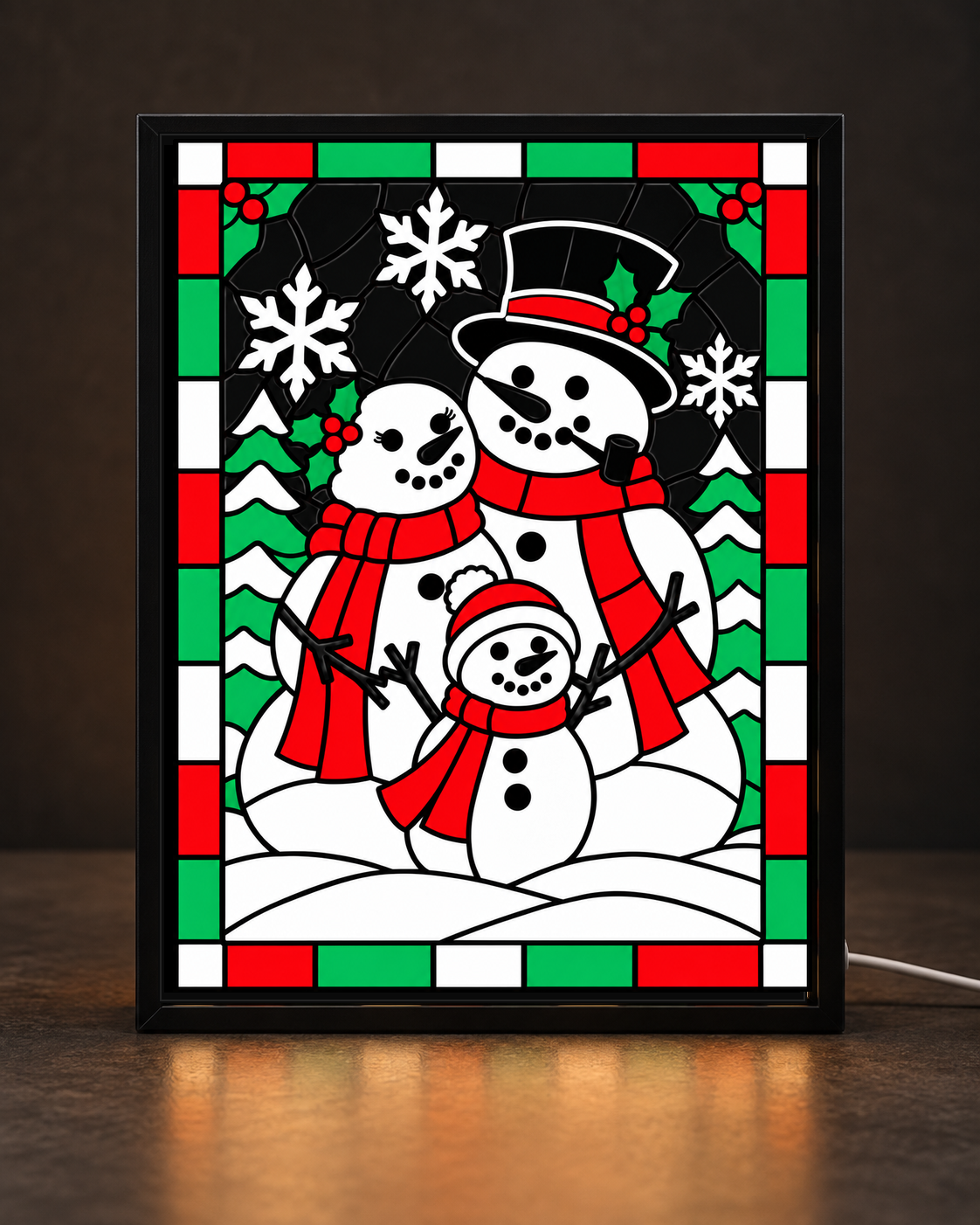 Festive Snowman Family framed light-up stained-glass-style art