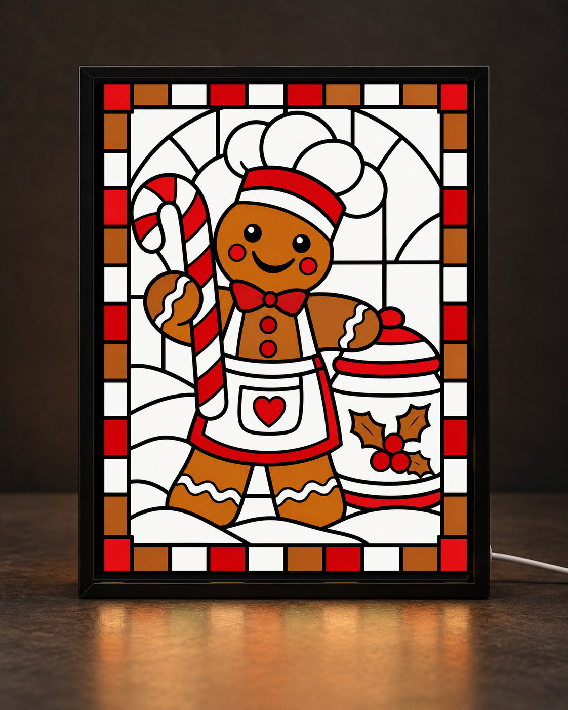 Gingerbread Christmas Baker framed light-up stained-glass-style art