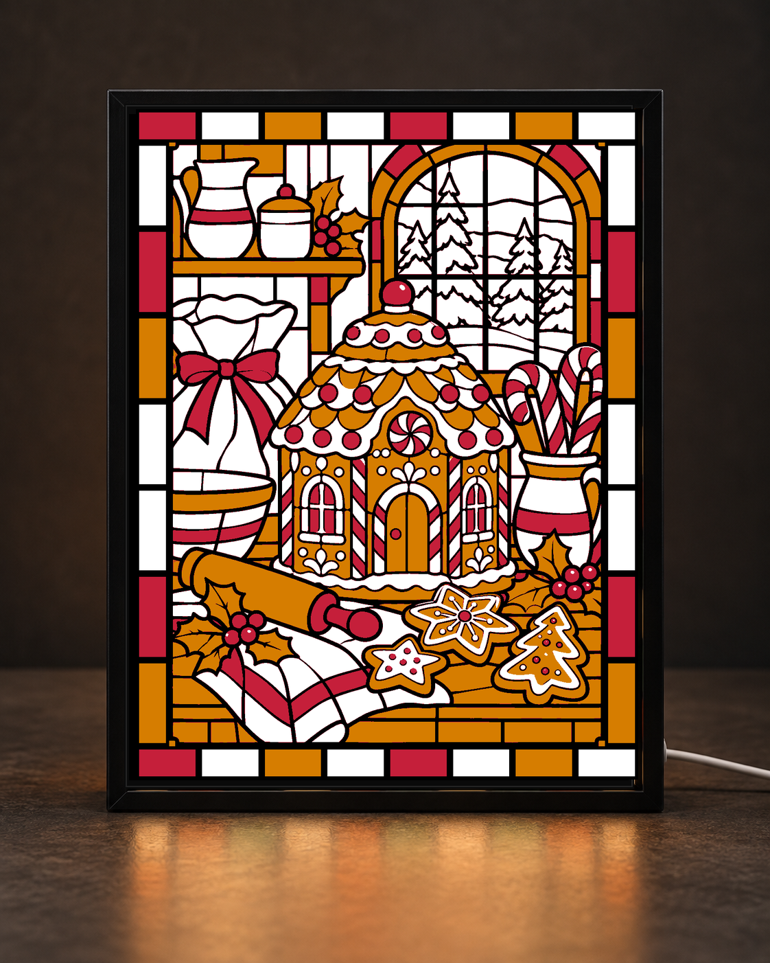 Gingerbread Heirloom Bakery framed light-up stained-glass-style art