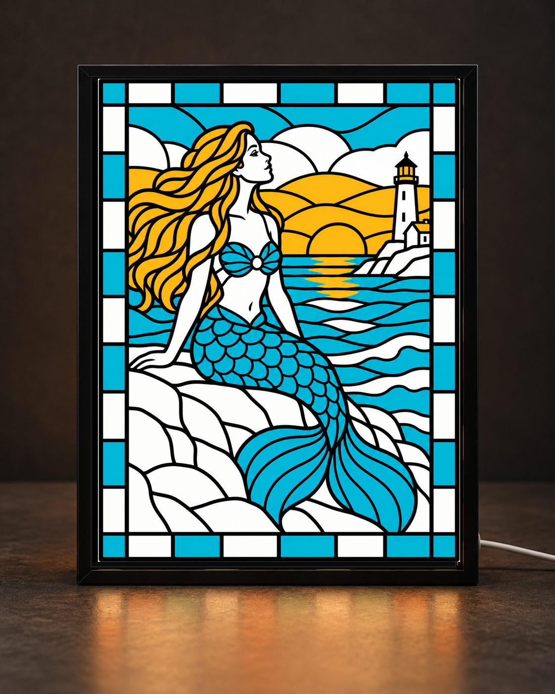 Golden Horizon Mermaid framed light-up stained-glass-style art