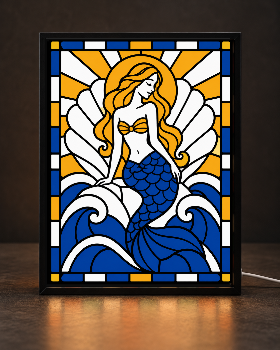 Golden Sun Mermaid framed light-up stained-glass-style art