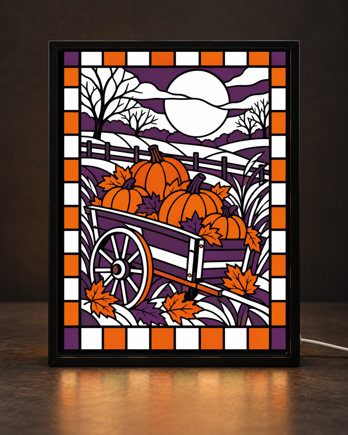 Harvest Moon Wagon framed light-up stained-glass-style art