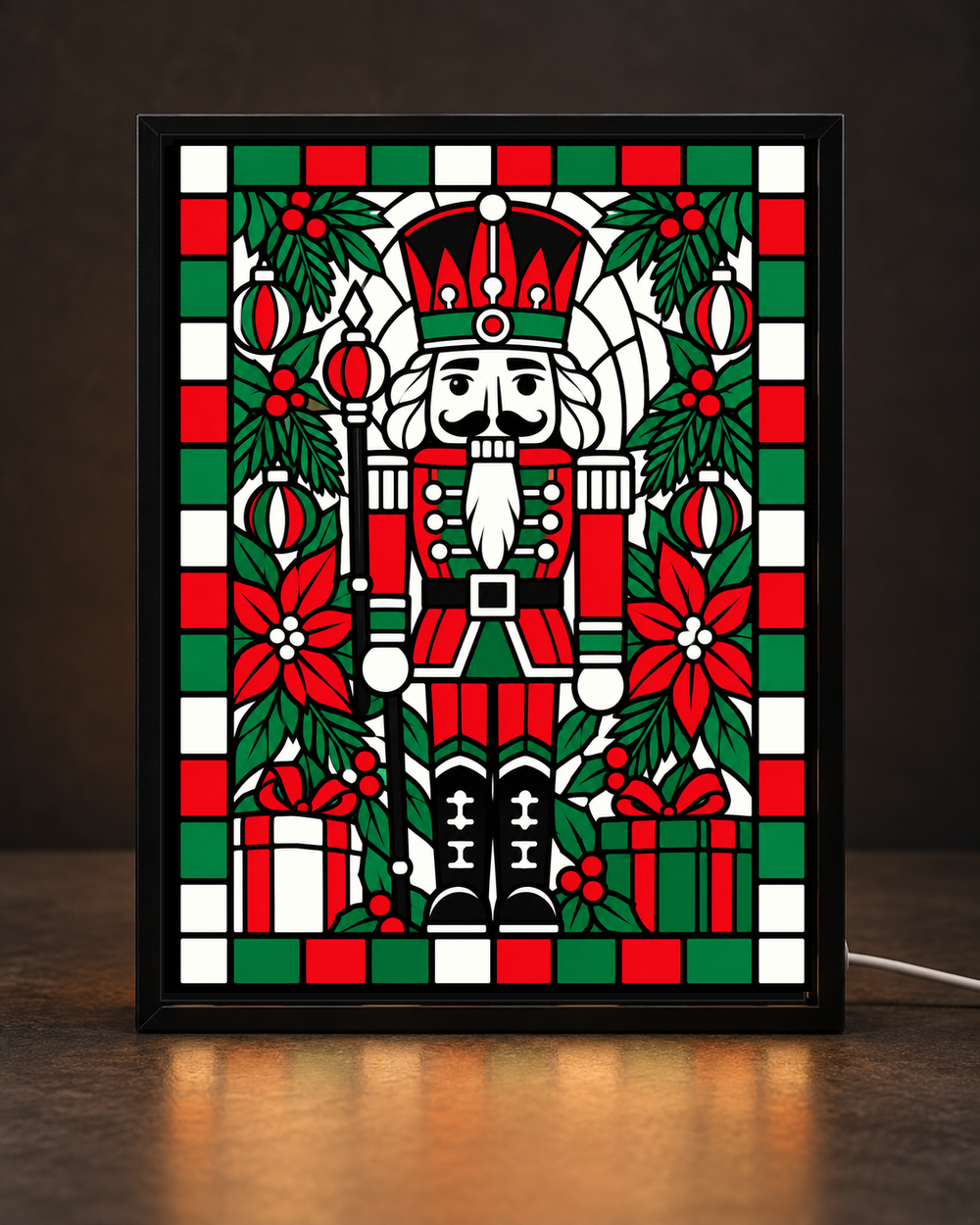 Heirloom Nutcracker Guard framed light-up stained-glass-style art
