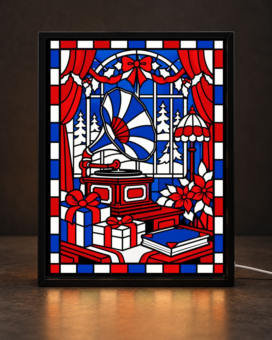 Holiday Music Room framed light-up stained-glass-style art