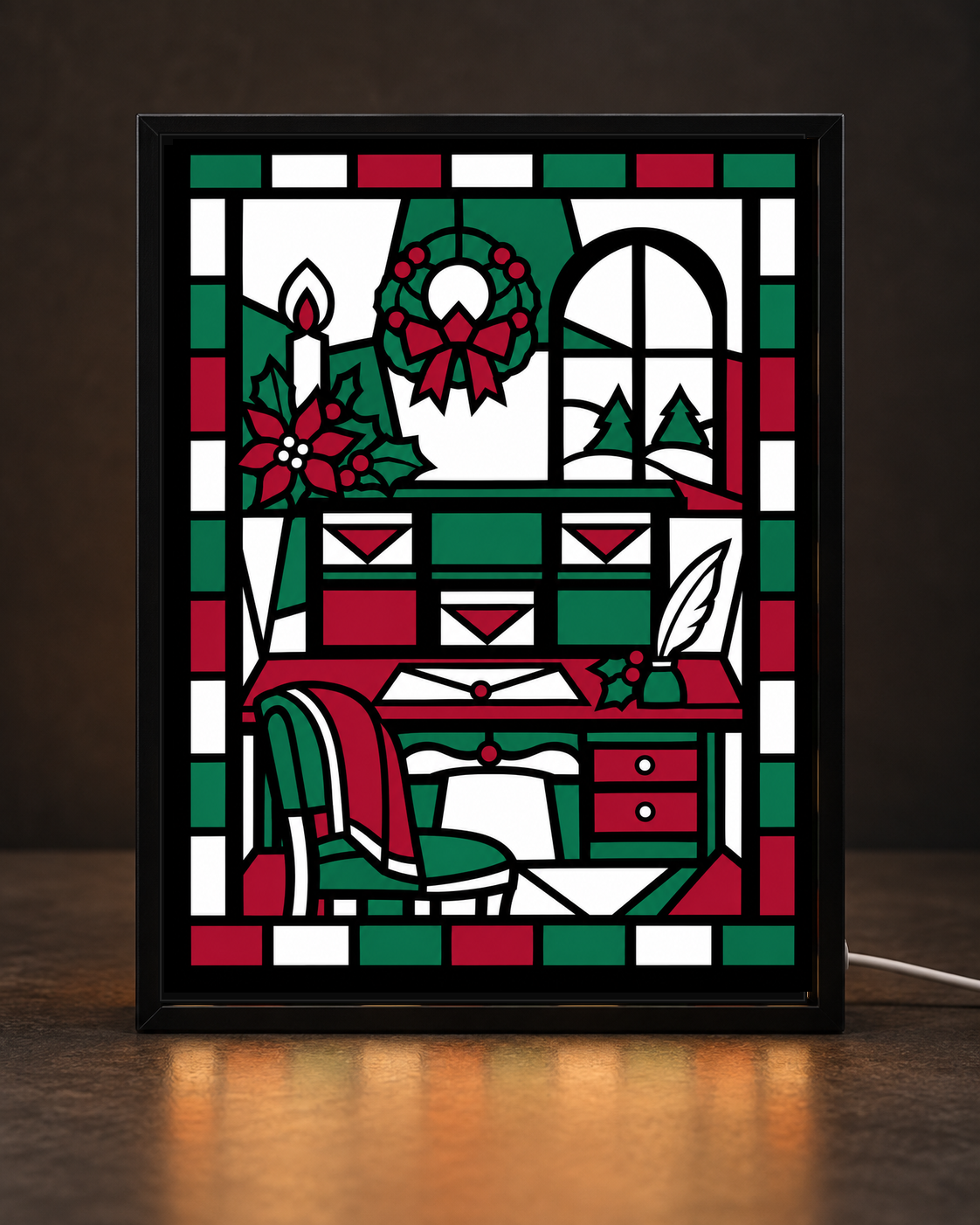 Holiday Pen-Pal Writing Desk framed light-up stained-glass-style art