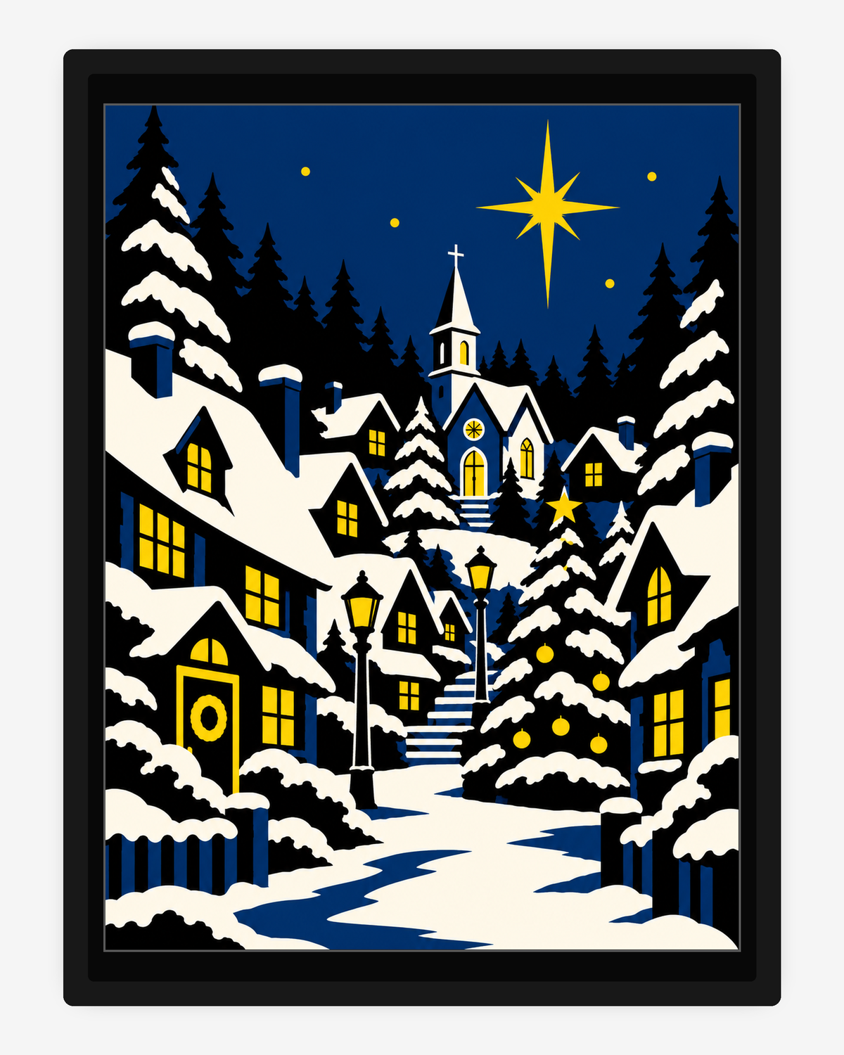 Christmas Eve Village HueForge light-up artwork in a black frame