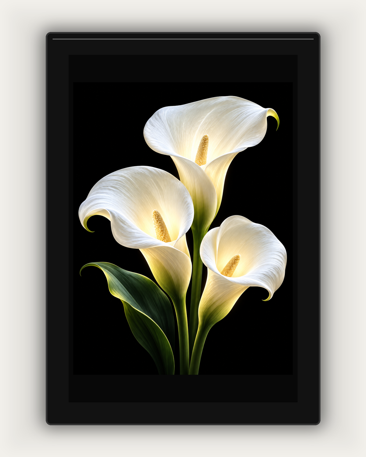 Luminous calla lily trio HueForge light-up artwork in a black frame