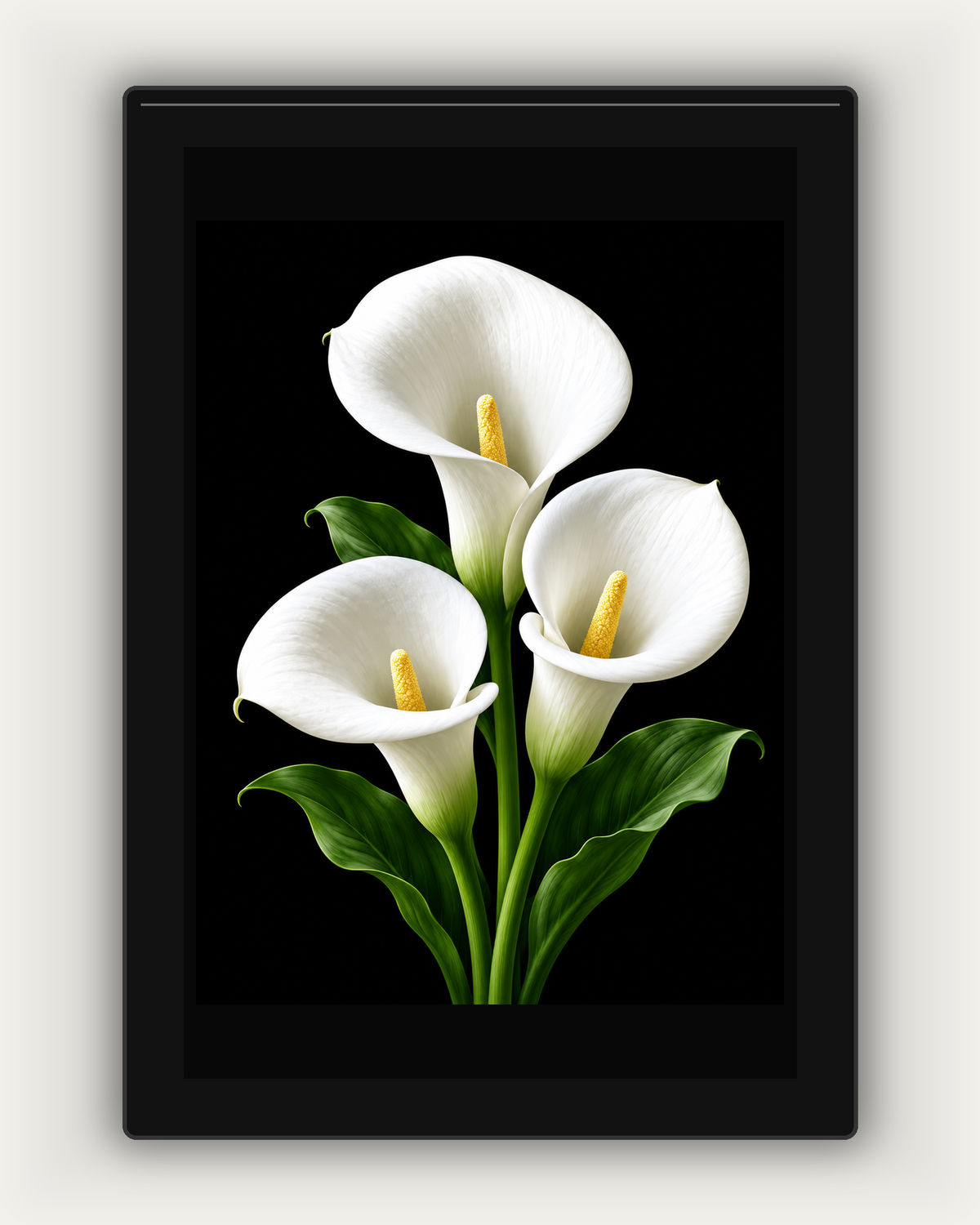 Three white calla lilies HueForge light-up artwork in a black frame