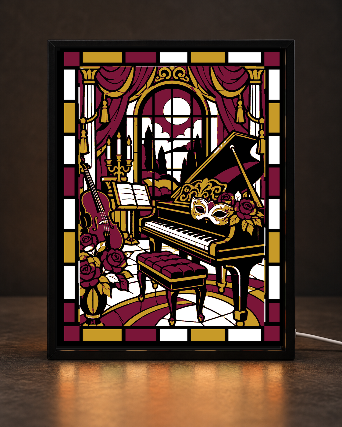 Moonlight Masquerade Music Salon framed light-up stained-glass-style art