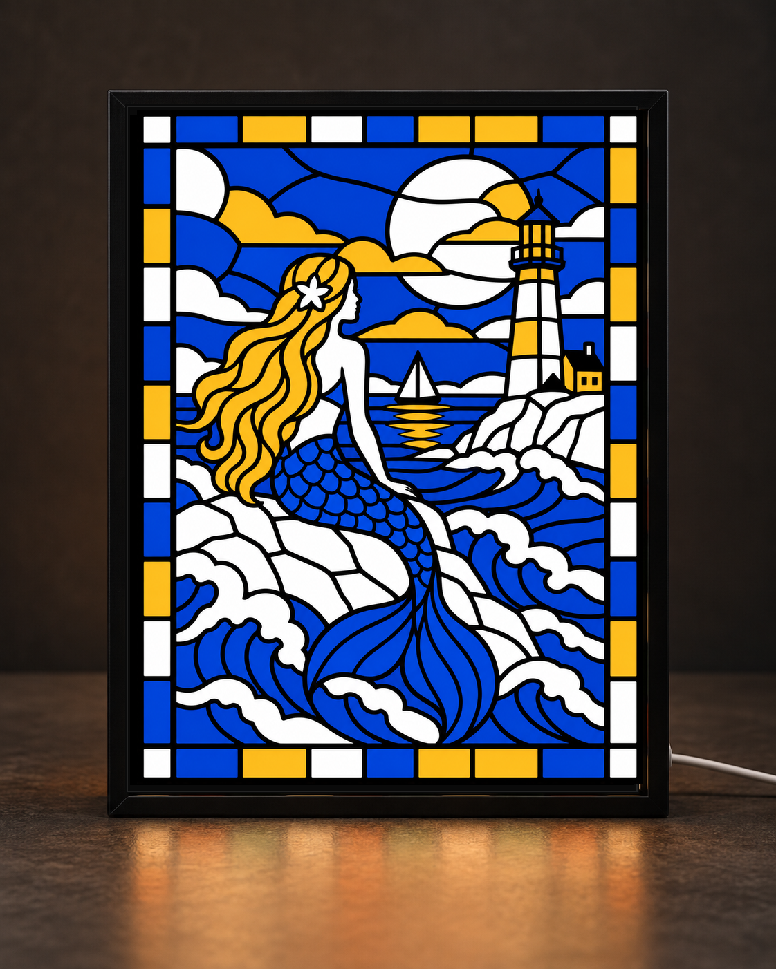 Moonlit Beacon Mermaid framed light-up stained-glass-style art