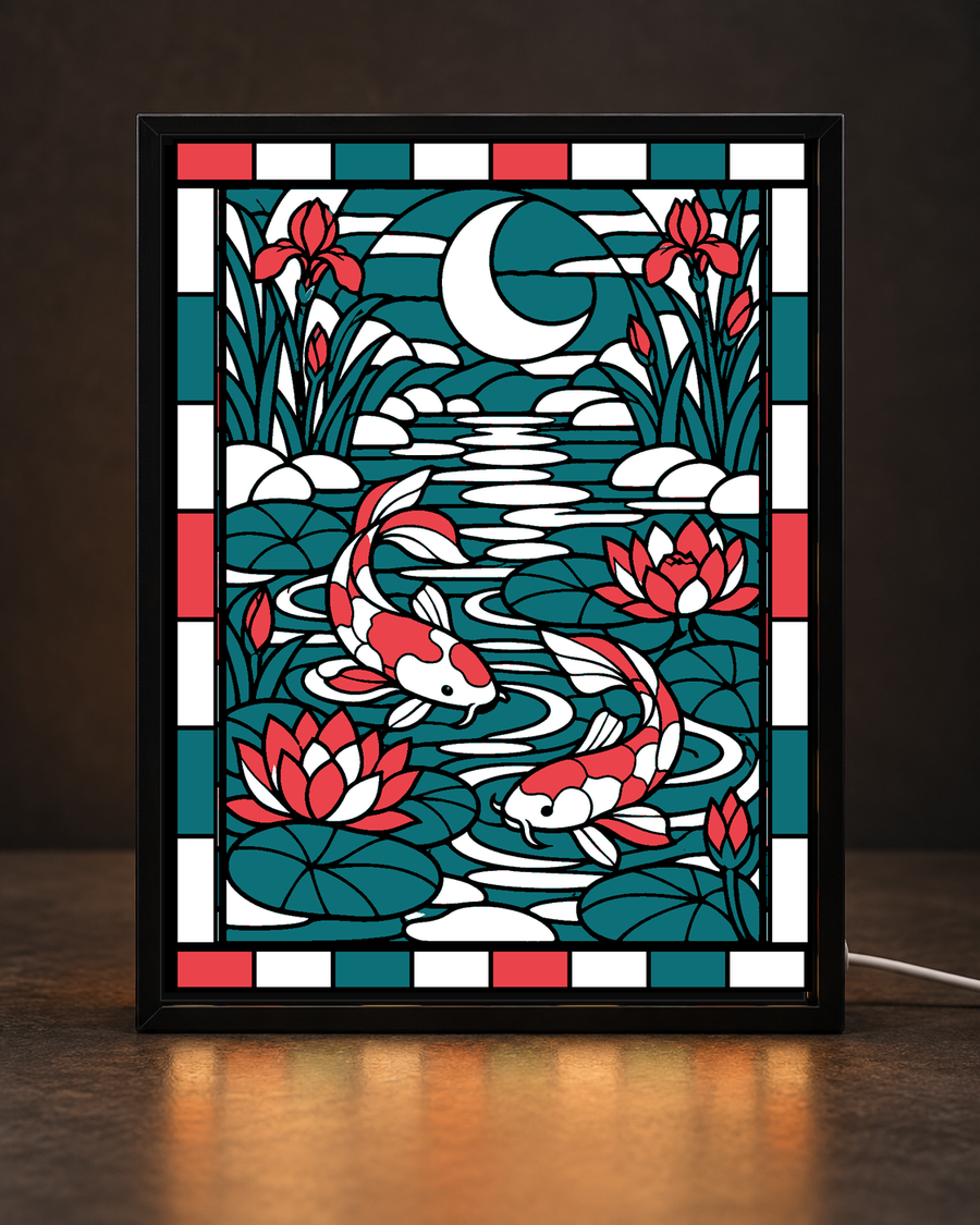 Moonlit Koi Garden framed light-up stained-glass-style art