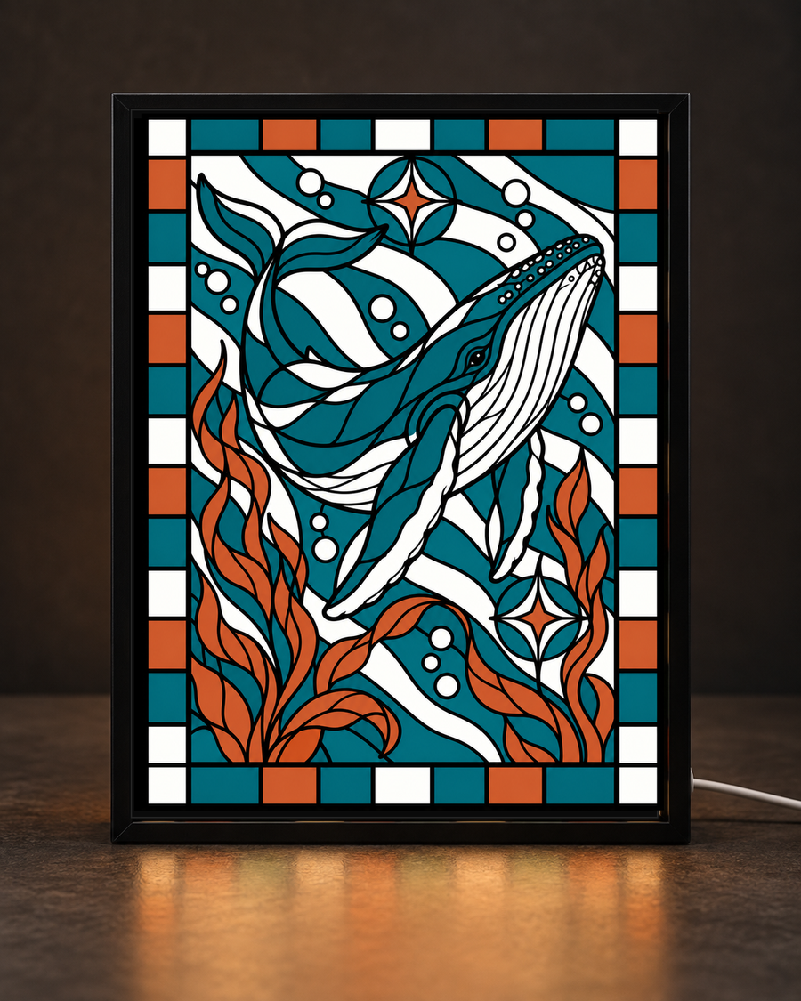Mystic Tide Humpback framed light-up stained-glass-style art