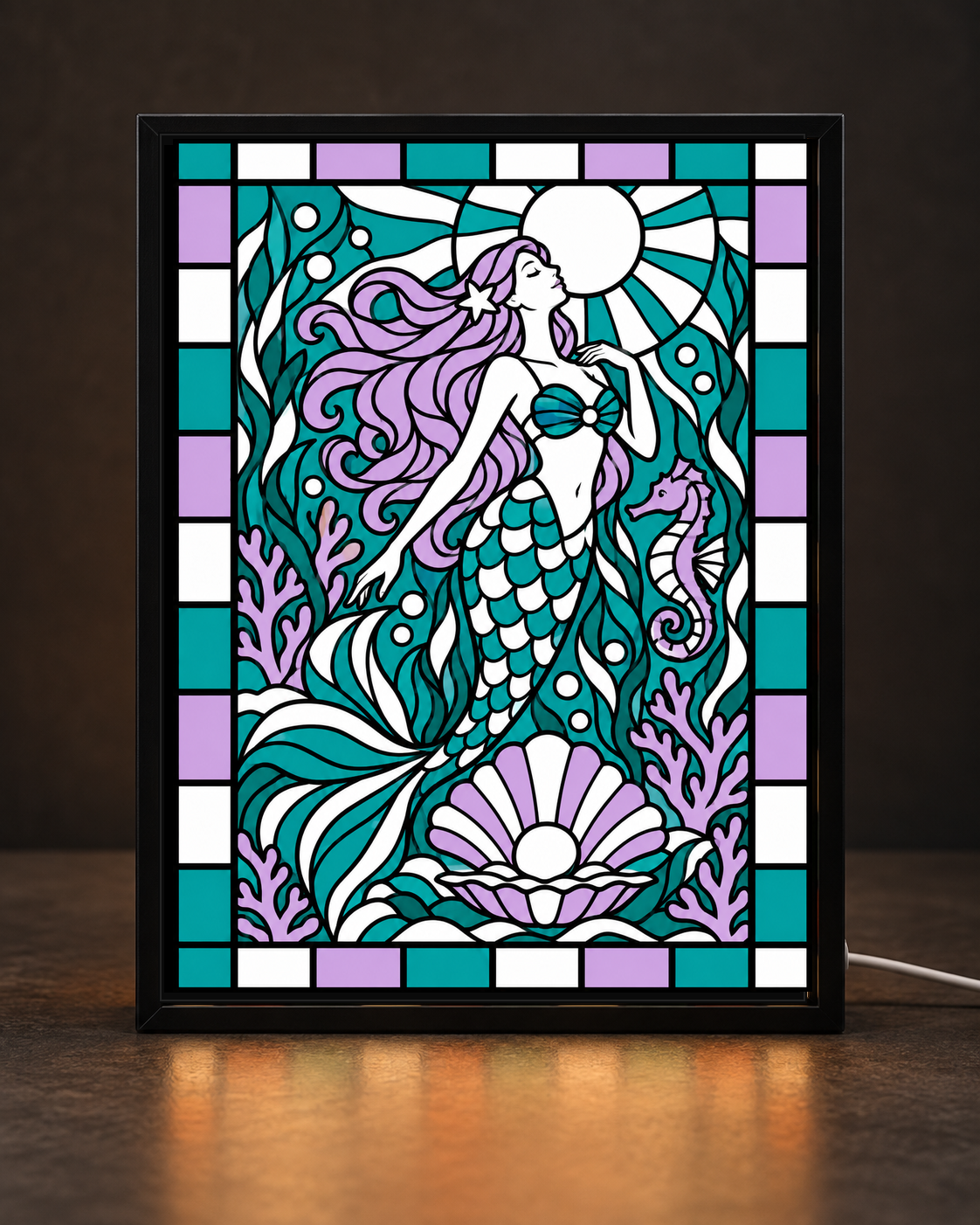 Pearl Moon Mermaid Seahorse framed light-up stained-glass-style art