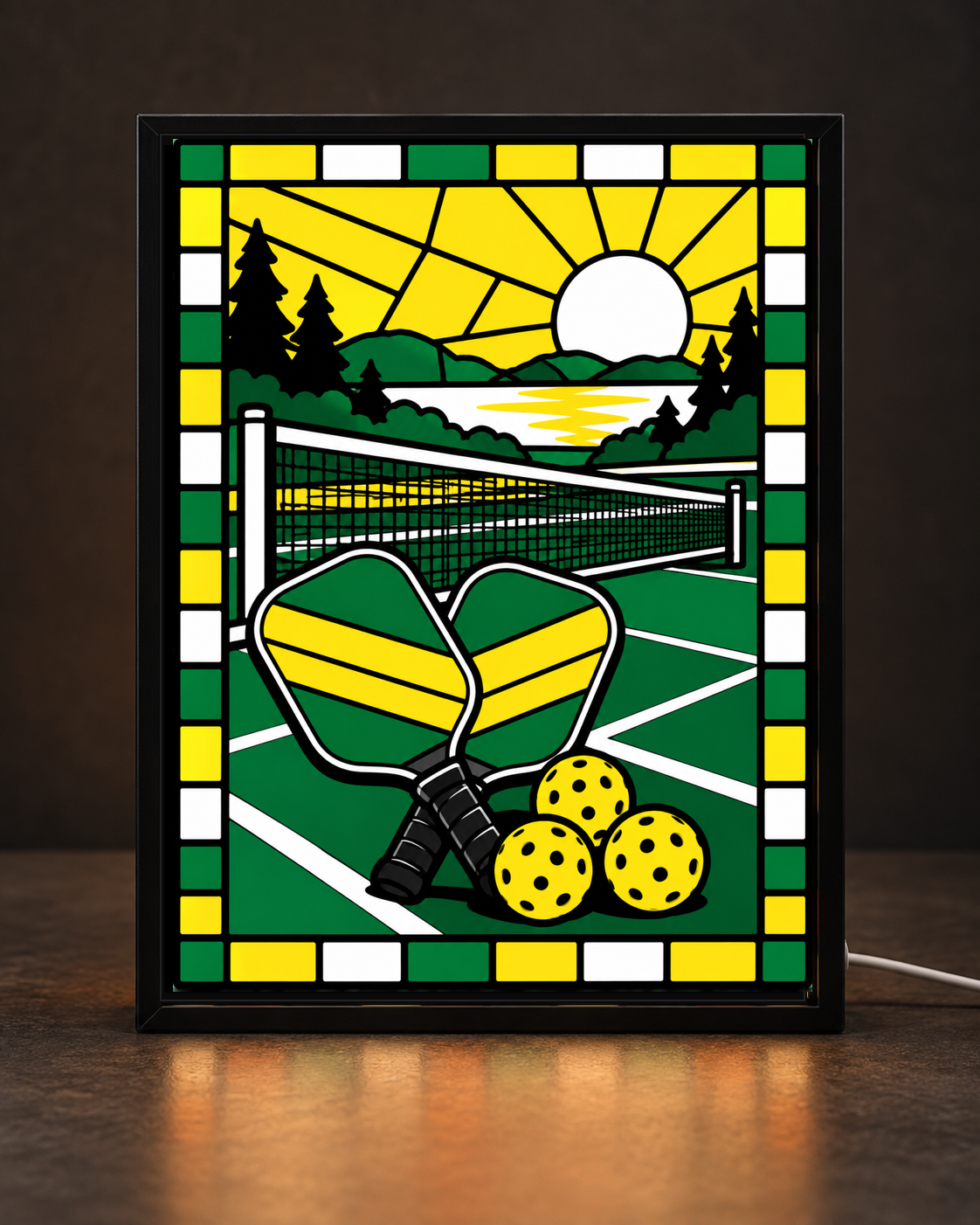 Pickleball Court 3D printed stained glass art in black frame