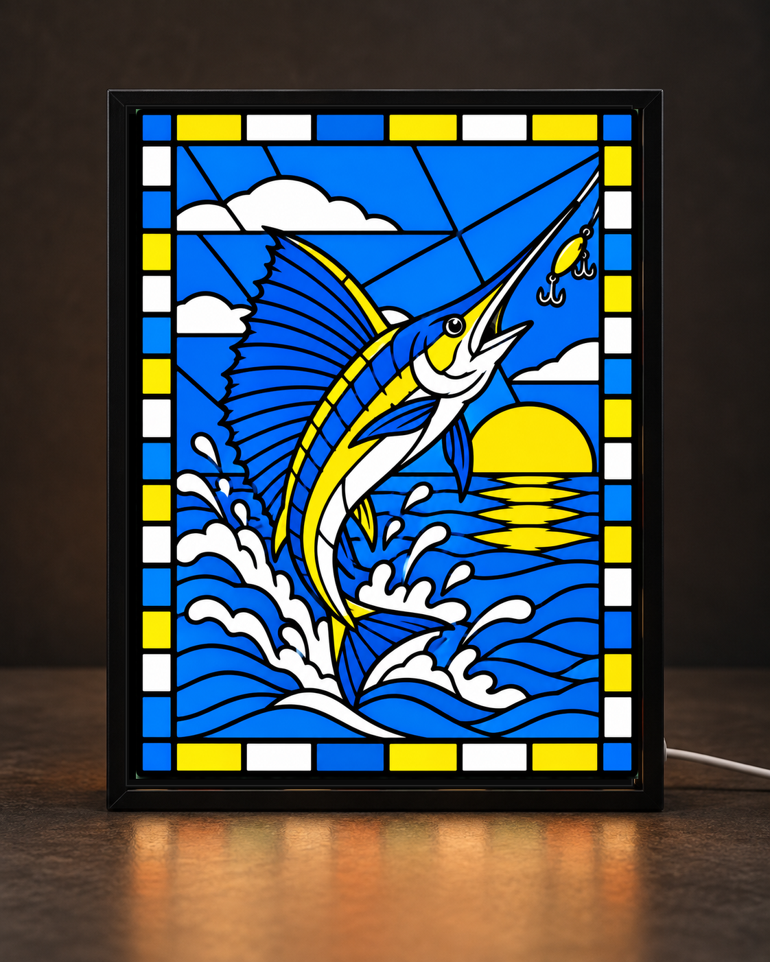 Framed sailfish offshore fishing stained glass style artwork
