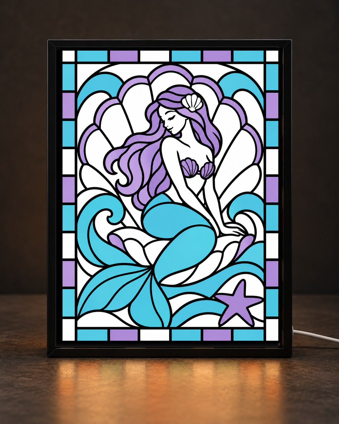 Shell Bloom Mermaid framed light-up stained-glass-style art