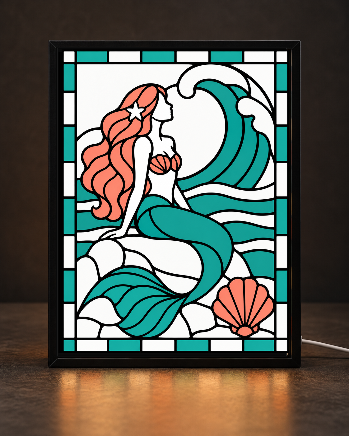 Simple Coral Wave Mermaid framed light-up stained-glass-style art