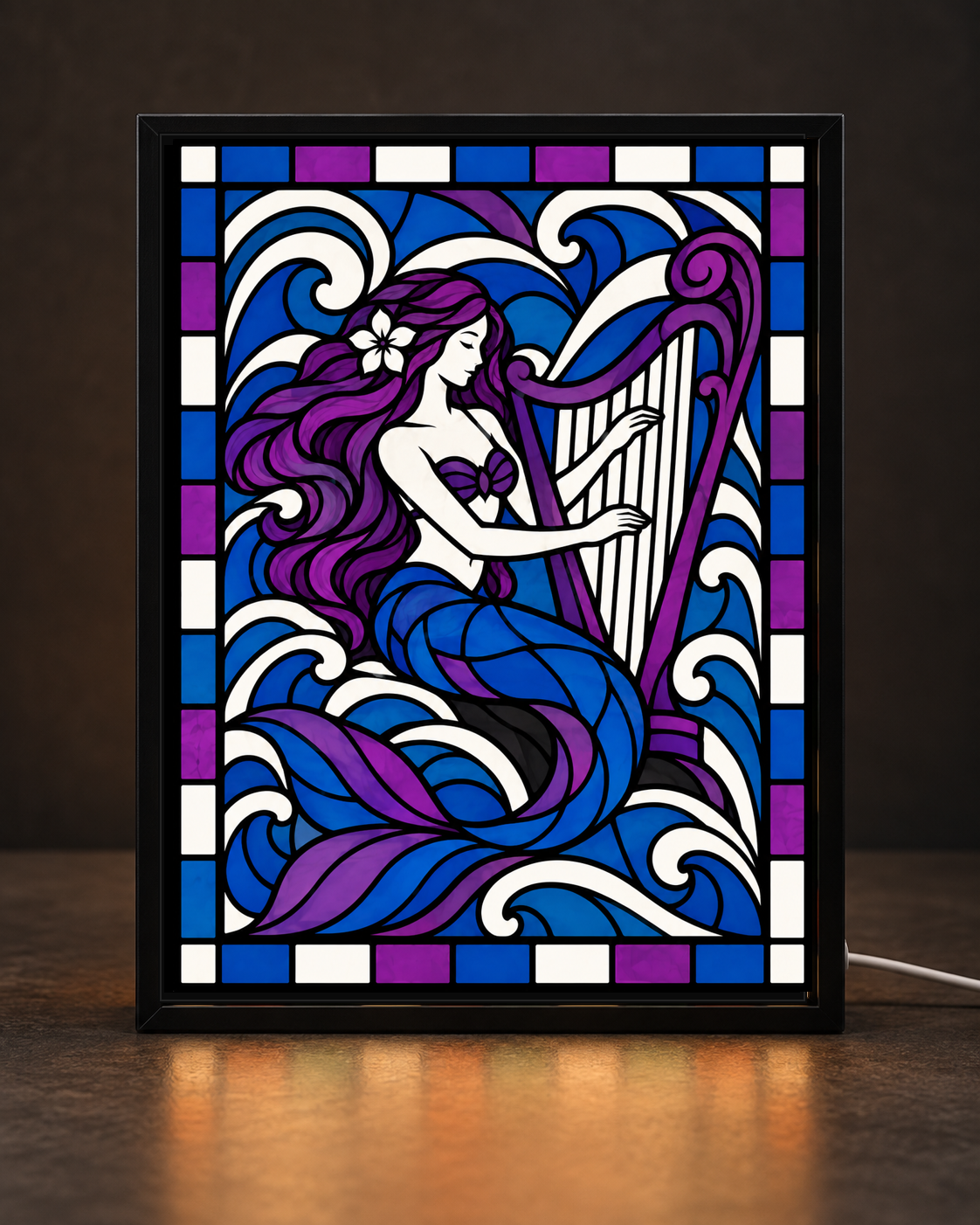 Sirens Song Harpist framed light-up stained-glass-style art