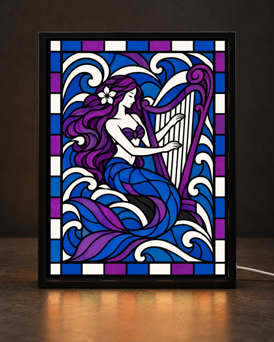 Sirens Song Harpist framed light-up stained-glass-style art