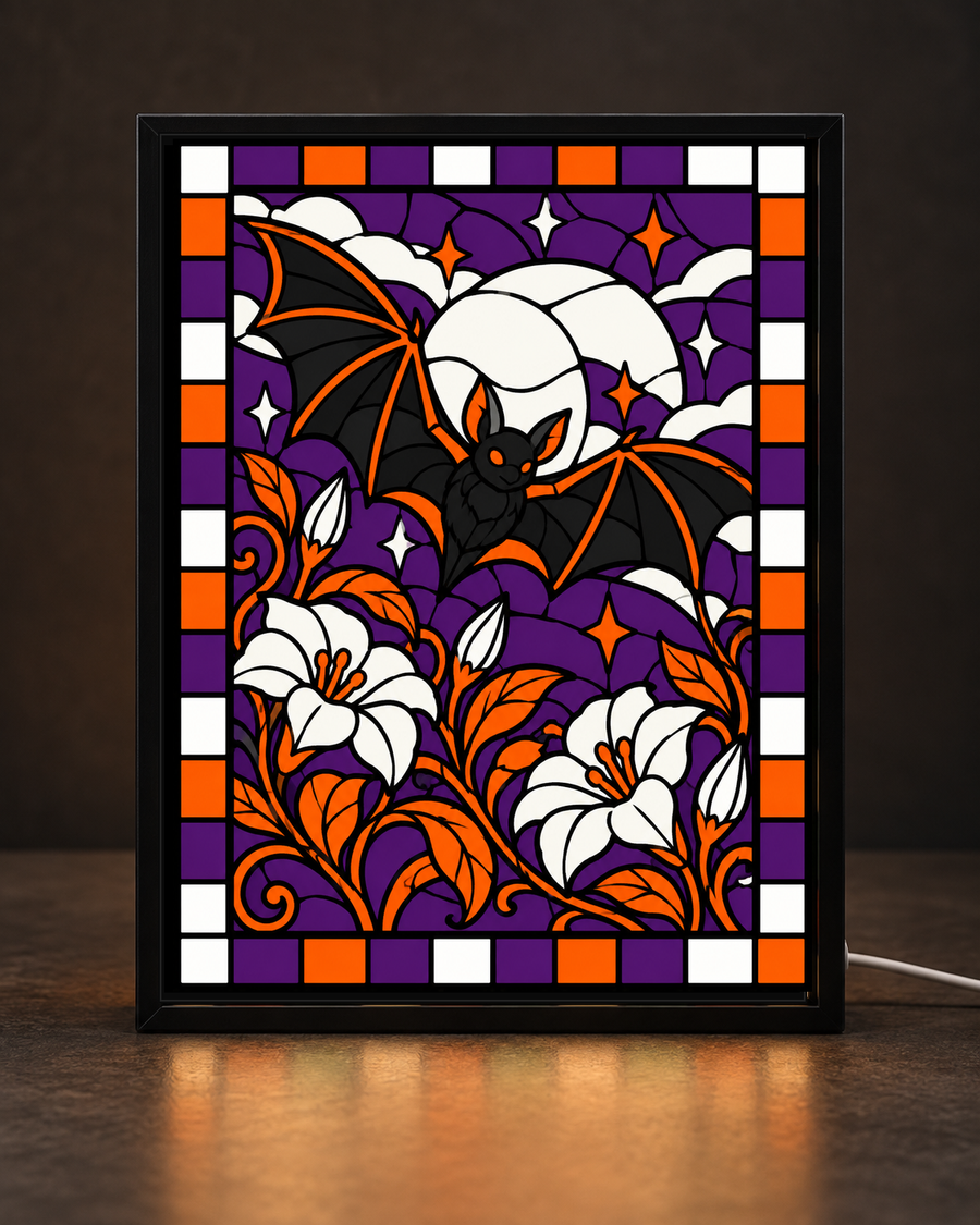 Starlight Bat Moon Garden framed light-up stained-glass-style art