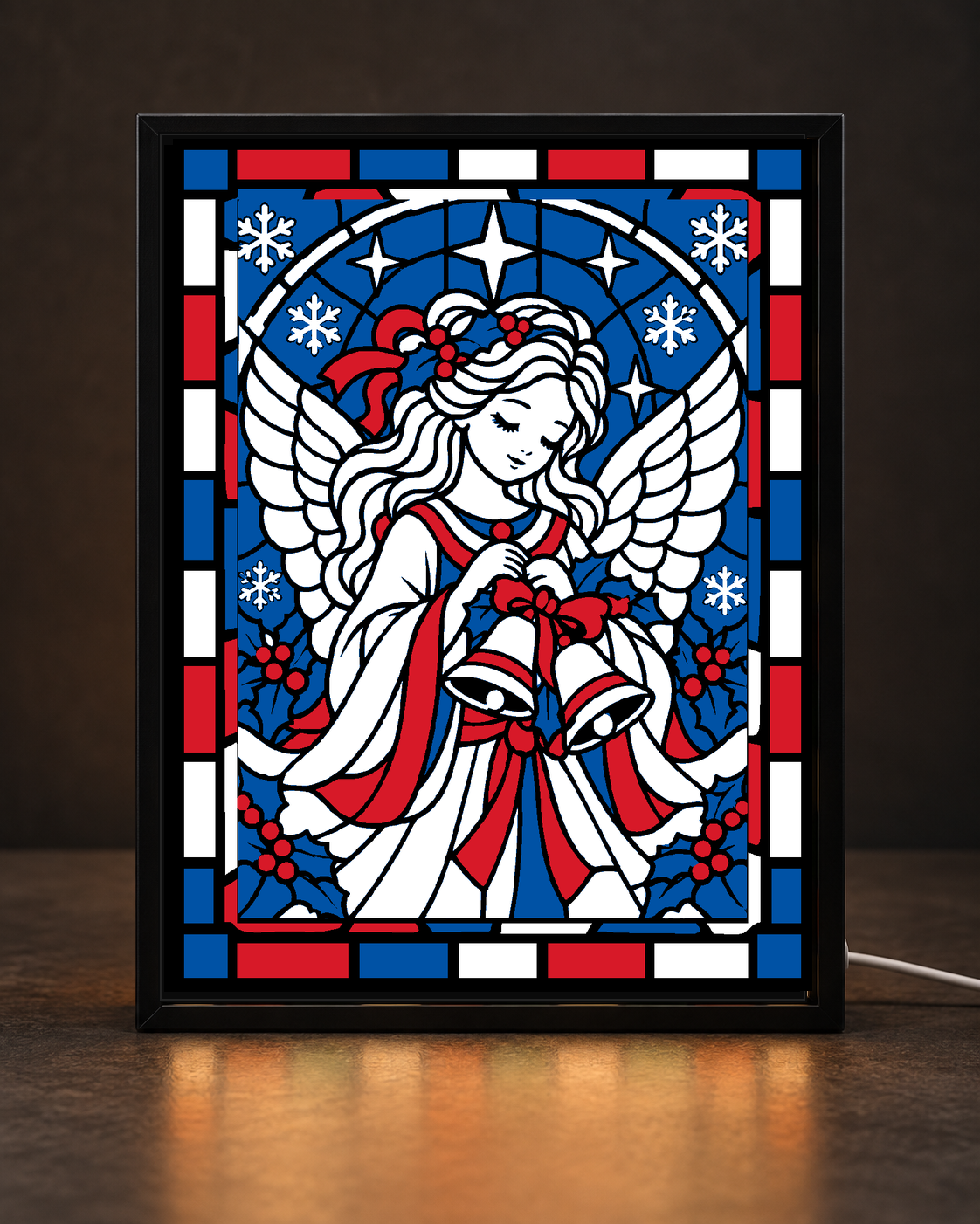 Starlight Christmas Bell Angel framed light-up stained-glass-style art