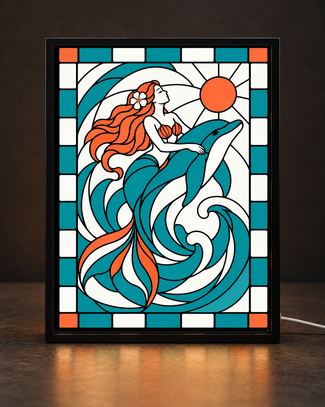 Suncrest Mermaid Dolphin framed light-up stained-glass-style art