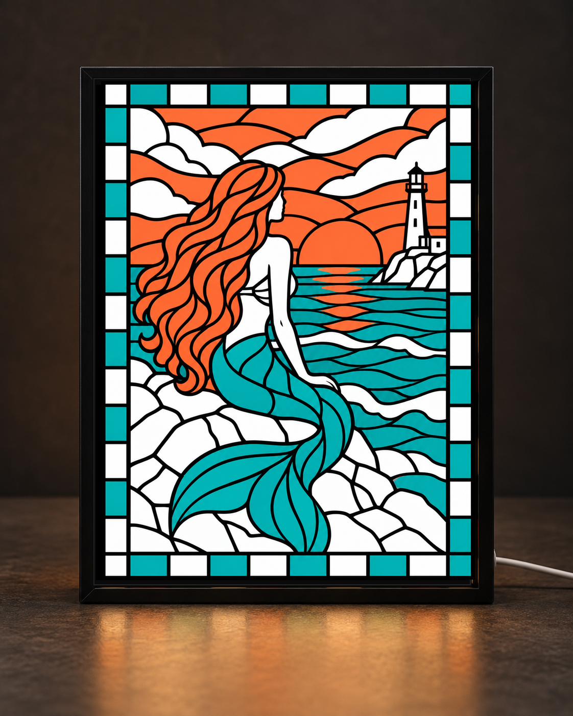 Sunset Watch Mermaid framed light-up stained-glass-style art