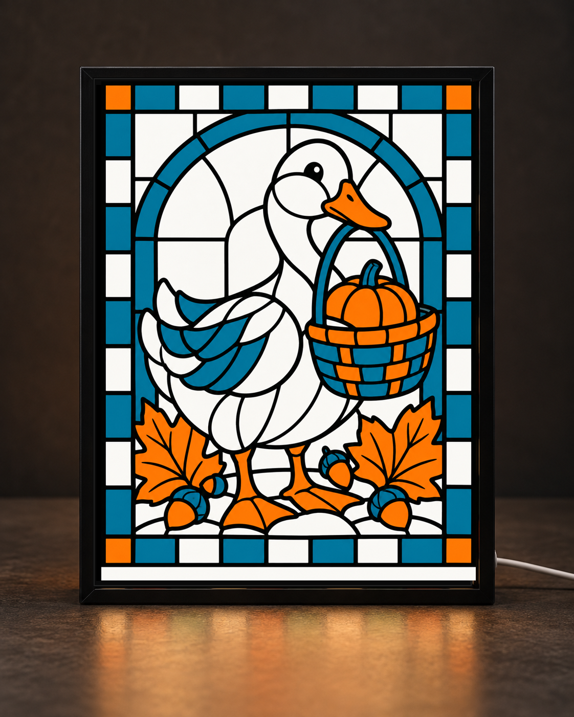 Thanksgiving Harvest Duck framed light-up stained-glass-style art