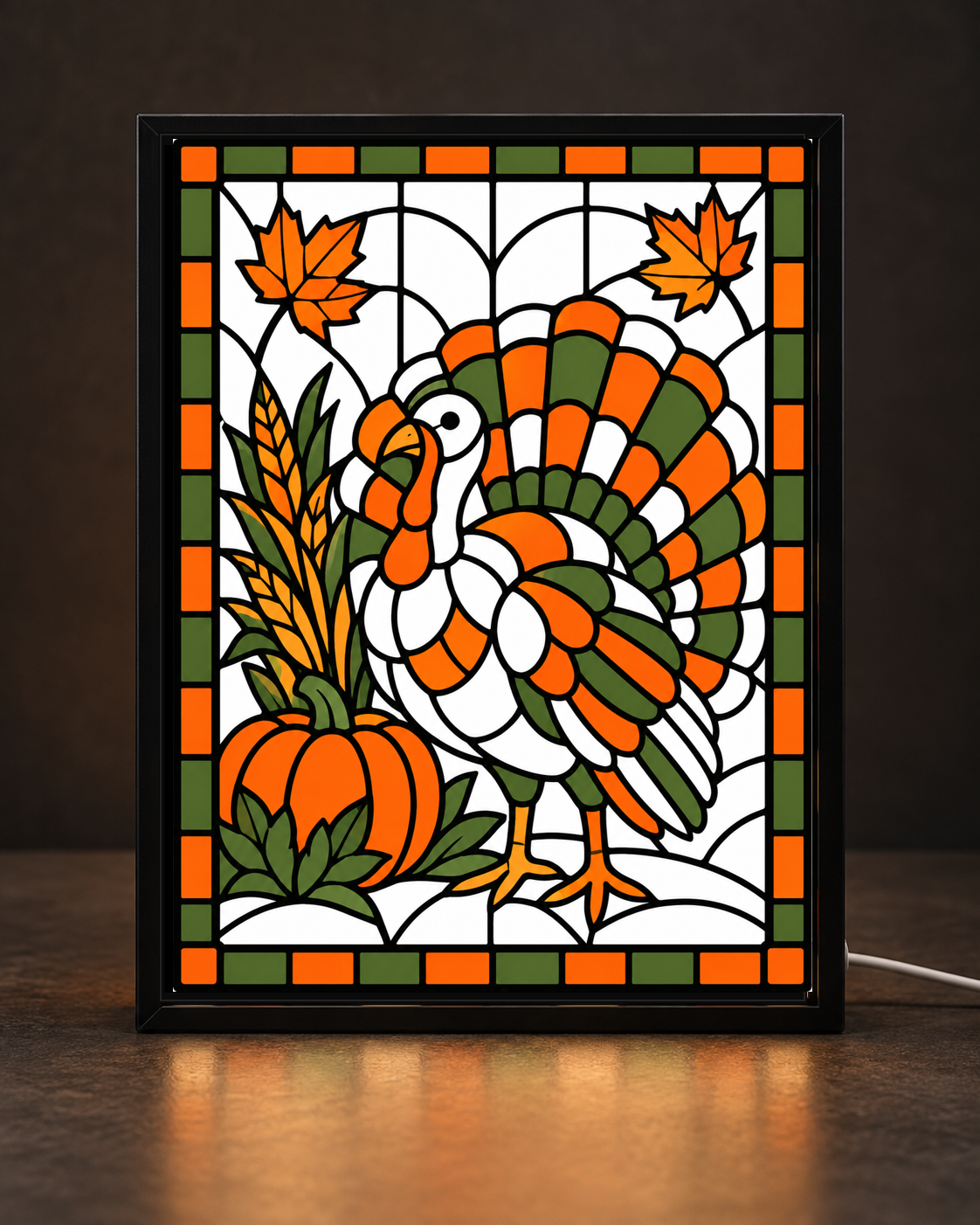 Thanksgiving Harvest Turkey framed light-up stained-glass-style art