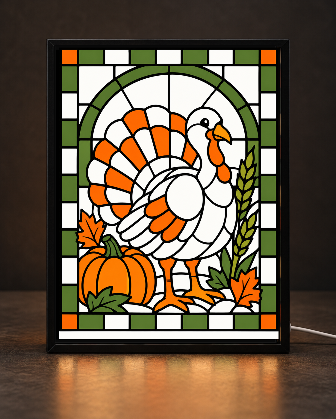 Thanksgiving Turkey framed light-up stained-glass-style art