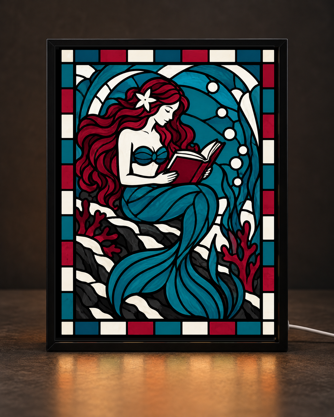 Tidebound Reader Mermaid framed light-up stained-glass-style art
