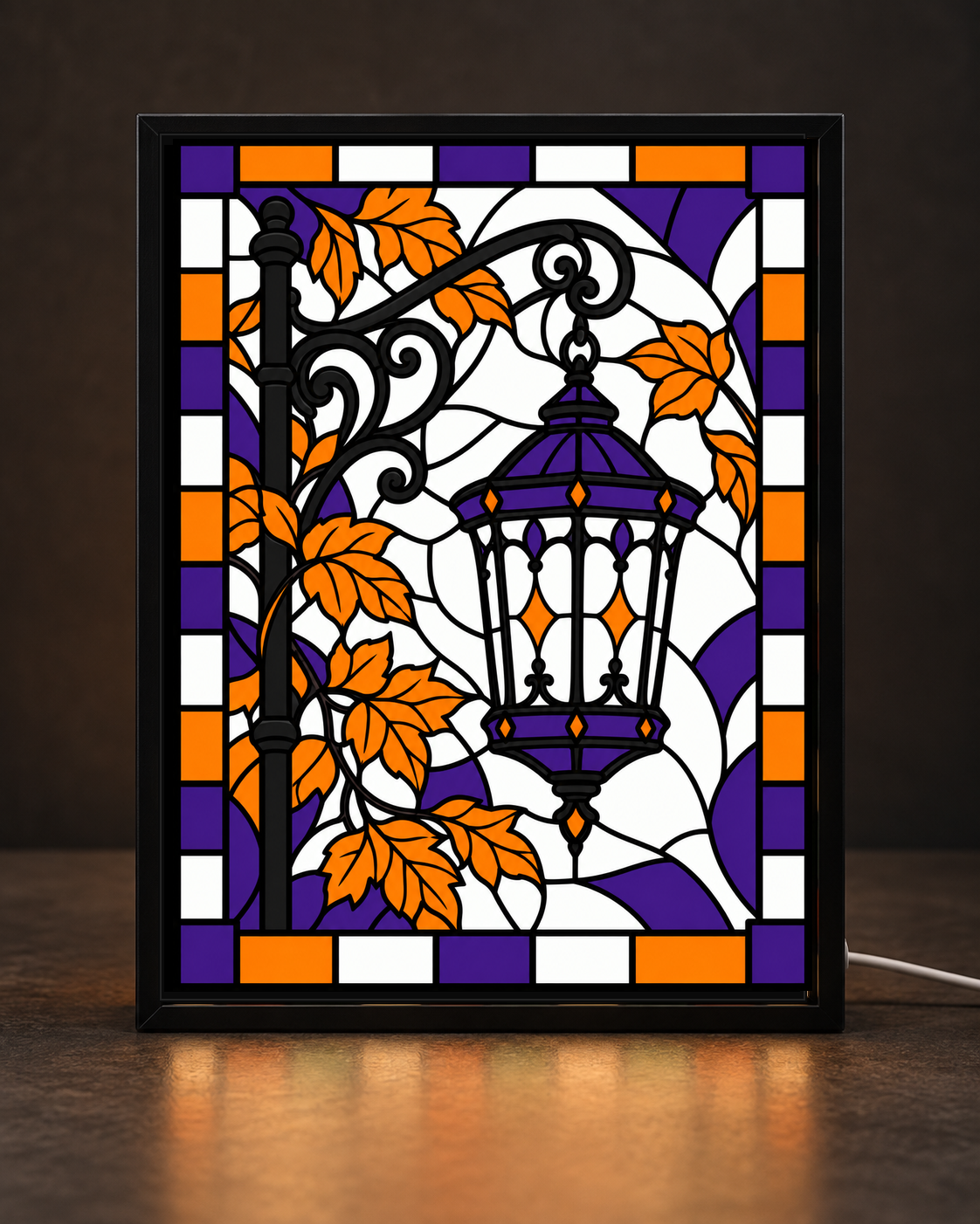 Vintage Autumn Lantern framed light-up stained-glass-style art