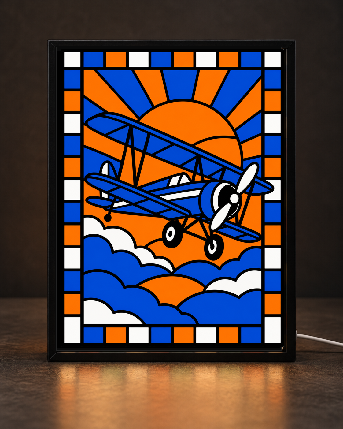 Vintage Biplane Sunrise 3D printed stained glass art