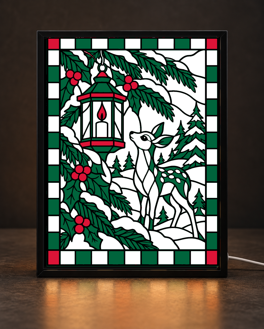 Winter Lantern Fawn framed light-up stained-glass-style art